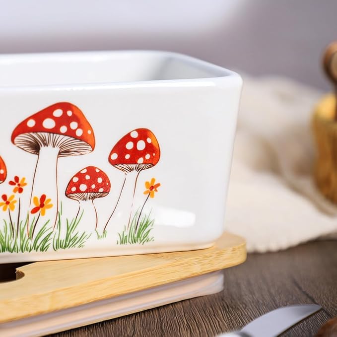 WAIT FLY Mushroom Ceramic Butter Dish with Bamboo Lid and Knife, 2 Sticks Butter Dish Butter Container Keeper for Kitchen Countertop, Home Decorative-Mushroom