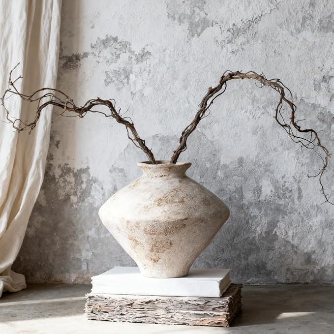 Whitewashed Terracotta Ceramic Vase, 11.5" Large Rustic Farmhouse Pottery Vase with Wide Mouth, Watertight Flower Vase for Fresh Flowers, Pampas Grass and Table Centerpieces Decor