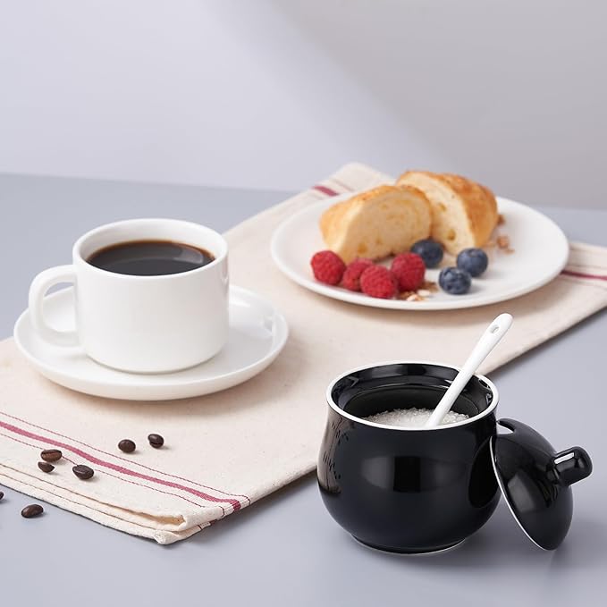 Ceramic Sugar Bowl with Lid and Spoon, Black Porcelain Sugar Salt Pepper Storage Jar, 7 Ounces