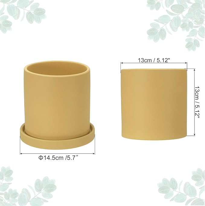 PATIKIL 5 Inch Ceramic Plant Pots, Modern Flower Planters with Drainage Holes and Tray for Decorate Home Indoor Plants Succulent Herb, Yellow
