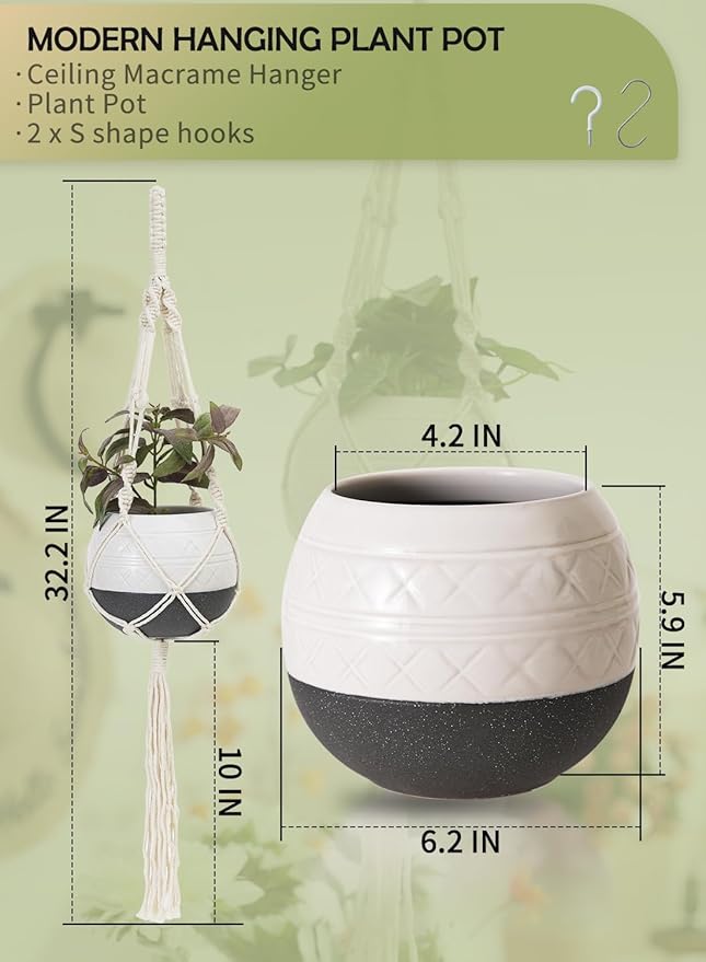 TAMAYKIM 6 Inch Ceramic Hanging Plant Pot with Macrame Plant Hanger & Hooks, Drum Shape Small Flower Planter for Indoor Outdoor, Balcony Garden Decor, White with Grey