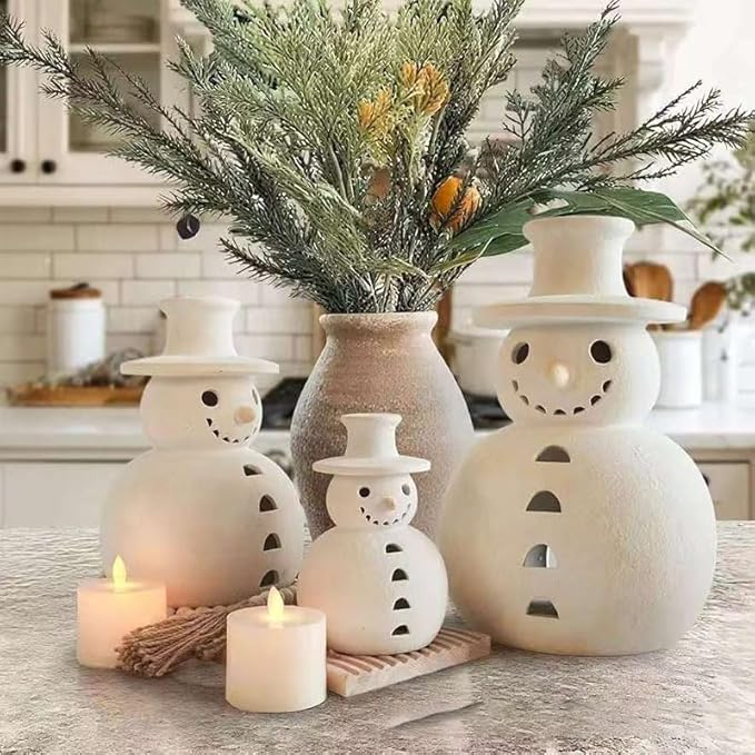 Vintage-Style Ceramic Snowman Christmas Decorations, White Resin Holiday Decor, Tabletop Accent (25cm)