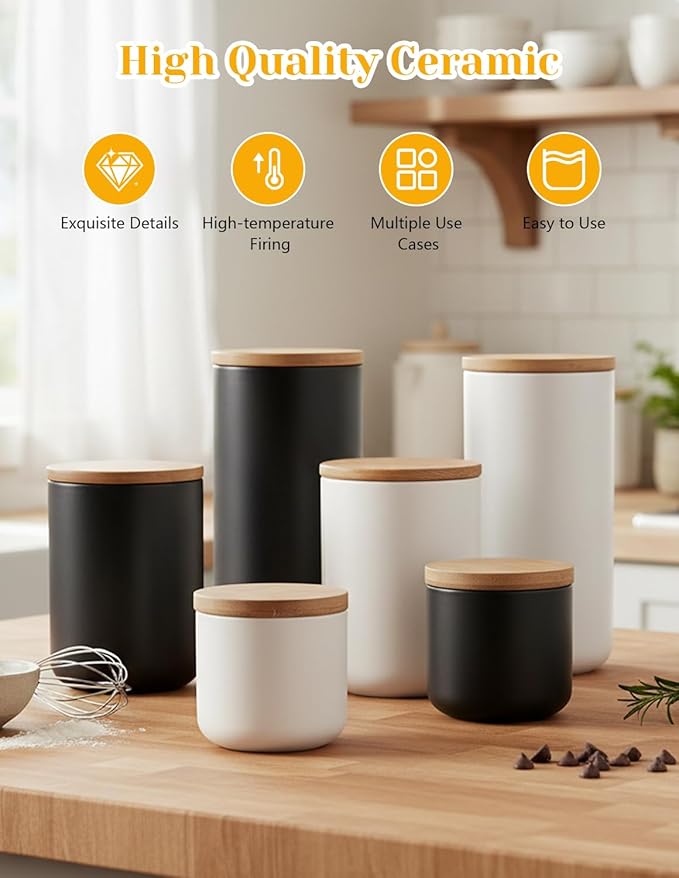 YYW Ceramic Food Storage Containers with Lids, Kitchen Canisters for Countertop, Black Food Containers Jar for Flour, Coffee Bean, Sugar, Tea, Spices and More, Home Decor (800ml/27.05oz)