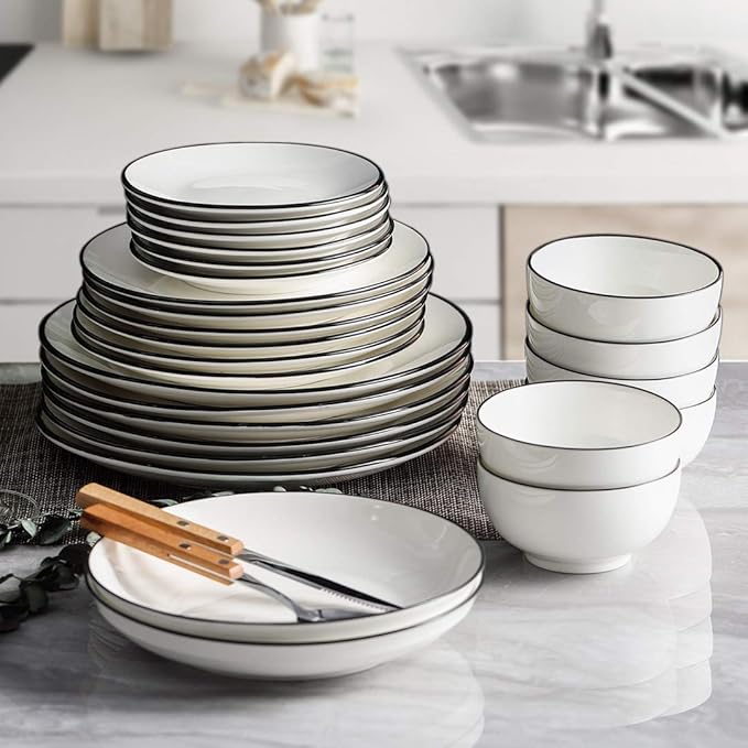 YOLIFE 6 inch Small Ceramic Plates, Appetizer Plates Set of 6, Dessert Plate for Cake Pie Snack with Black Trim