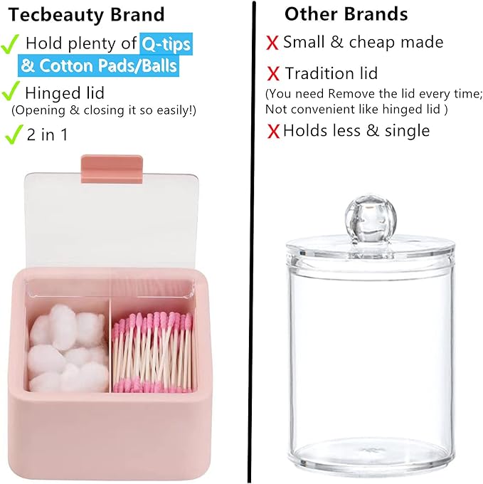 Tecbeauty Qtips Storage Organizer - 2 Grids Separate Cotton Swabs Dispenser Qtips Holder Bathroom Canisters with Hinged Lids for Cotton Balls, Pads, Pink