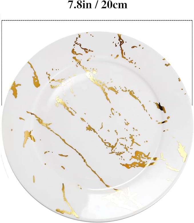 6-Piece Ceramic Plates Set - 8 Inch White Marble-Pattern Appetizer & Dessert Plates with Gold Rim, Microwave and Dishwasher Safe
