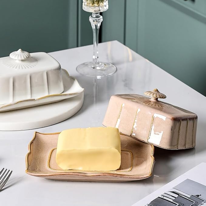 WAIT FLY Vintage Ceramic Butter Dish with Lid for Kitchen Countertop, Home Decorative-Khaki-1 PCS