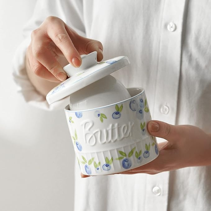 Toptier Butter Crock for Counter With Water Line, On Demand Spreadable Butter, Ceramic Butter Keeper to Leave On Counter, French Butter Dish with Lid (Yummy Blueberry)