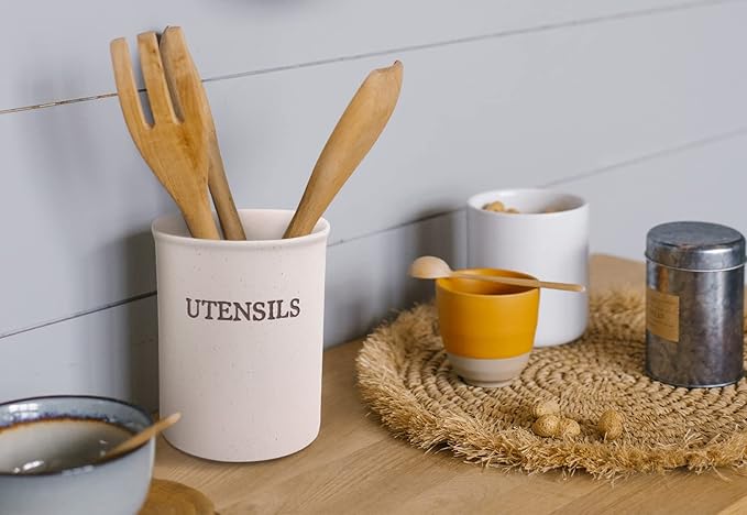 KooK Large Utensil Crock for Kitchen Counter, Ceramic Utensil Holder, Heavy & Stable Caddy, Farmhouse Decor, Matte Speckled Stoneware, Cream, 6 inch, Dishwasher Safe