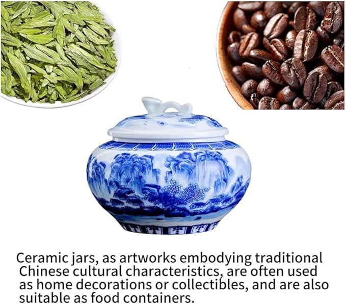 WF Large Ceramic Ginger jar, Chinese Ceramic Canister with Lid, Vintage Blue and White Kitchen Storage Jar, Versatile Container for Pantry Organization Coffee Bar Countertop Display 1000 ML