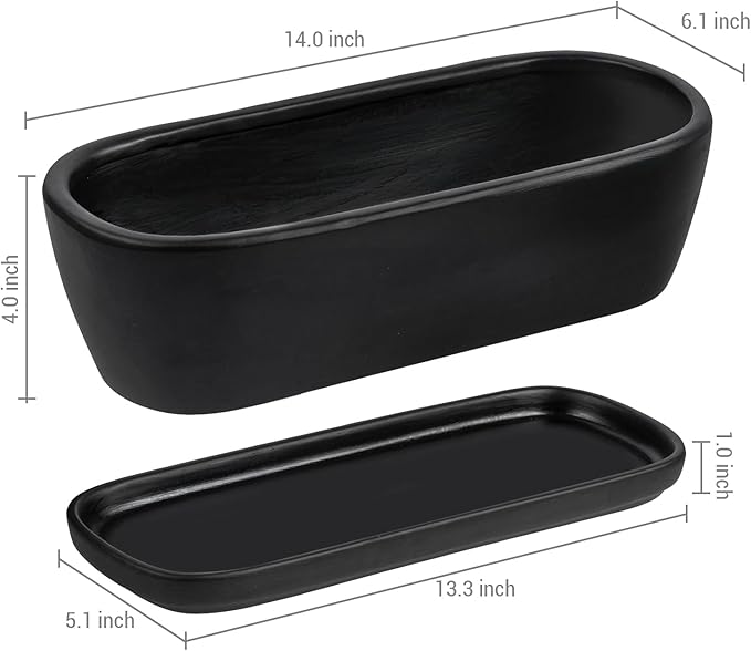 MyGift 14 Inch Oval Modern Matte Black Ceramic Succulent Planter Pot with Drainage Hole and Removable Saucer, Decorative Indoor House Plant Container for Flowers, Cactus, Herbs