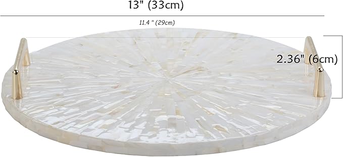 PEMAR Mother of Pearl Decorative Tray, 13"" Round with Gold Metal Handles, Vanity/Perfume/Trinket Tray, Catchall for Dresser, Bathroom, Vanity Table (White Sunlight), PM24-PM15