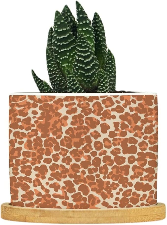 Leopard Orange Light Brown Dot Planter Ceramic African Tribal Animal Print Round Flower Pots with Drainage Holes and Bamboo Tray Pot for Outdoor Garden Home Plant