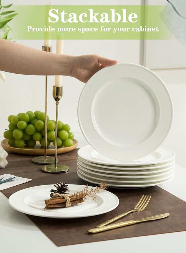 TAMAYKIM 10 Inch Porcelain Salad Dinner Plates 8 Pieces, Wide Rim Round Pasta Plates, Large Serving Dinnerware Sets, Scratch Resistant, Microwave, Oven, and Dishwasher Safe, White