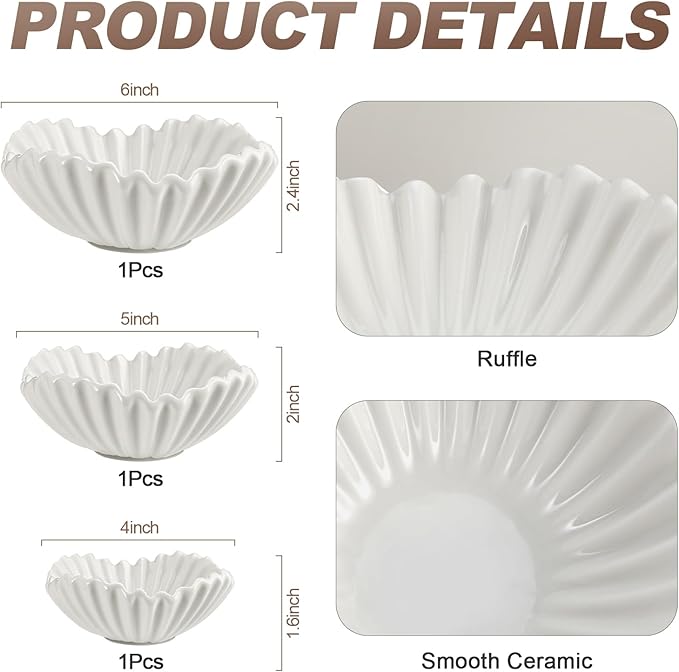 3 Pcs Ceramic Ruffle Bowl 3 Sizes Scalloped White Decorative Bowls Fruit or Key Holder for Modern Home Decor Entryway Living Room Coffee Table Centerpiece Decor Housewarming Gifts