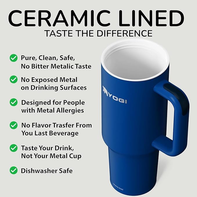 YOGI Ceramic Lined Metal Allergy Safe 40oz Tumbler with Handle and Straw Leakproof Flip & Sip Lid Vacuum Insulated Stainless Steel Travel Cup for Iced Coffee Water and All-Day Hydration 40oz Indigo