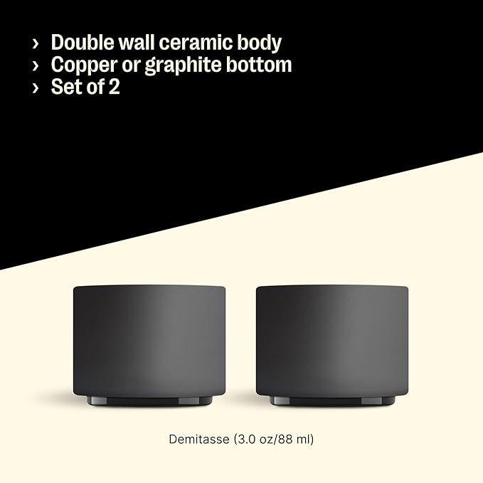 Fellow Monty Milk Art Espresso Cups - Small Double Wall Ceramic Demitasse, Matte Black with Graphite Base, 3 oz Cup (Set of 2)