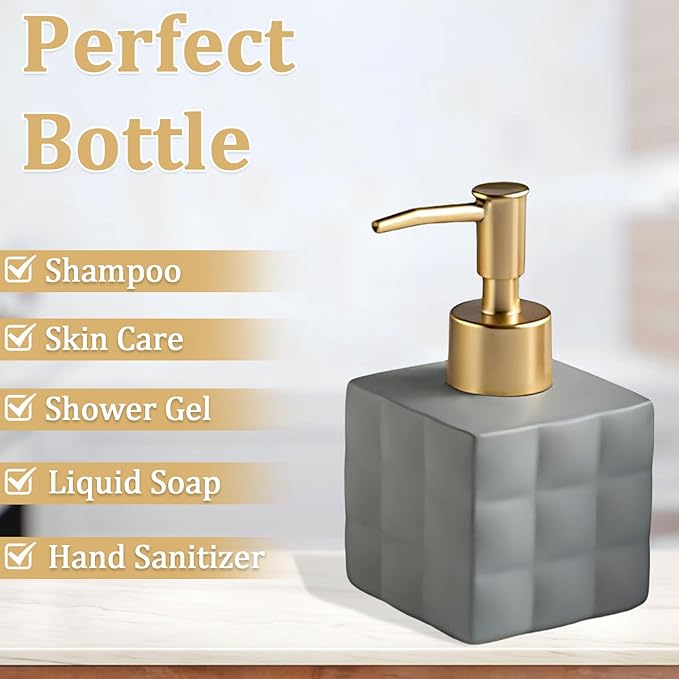 Hand Soap Dispenser Dish Cube Soap Dispenser Countertop 7.44 FL OZ. /220 ML Hand Lotion Pump Bottle Ceramic Lotion Container Liquid Hand Soap Jar Shower Dispenser Kitchen Bathroom Décor (Gray)