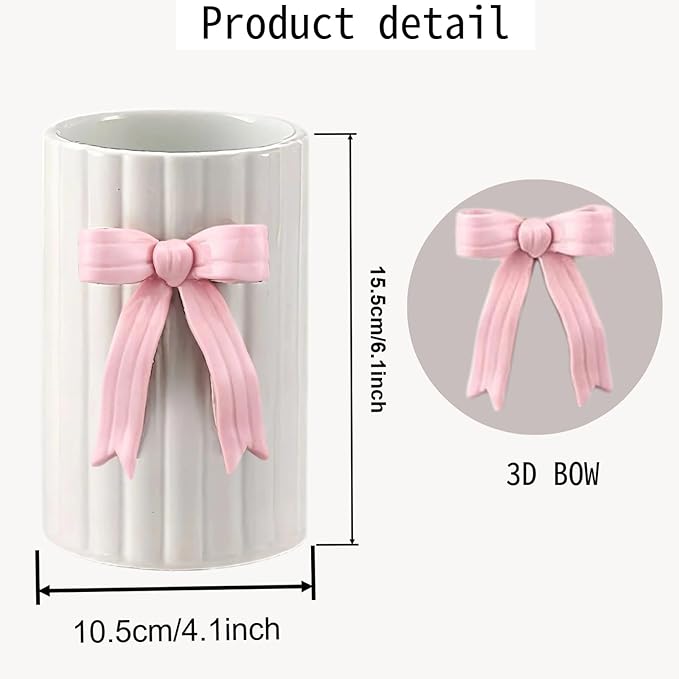 Handmade Pink Bow Ceramic Utensil Holder, 3D Coquette Cooking Utensil Crock for Kitchen Counter, Preppy Storage Caddy Organizer Vase Decor for Kitchen Countertop