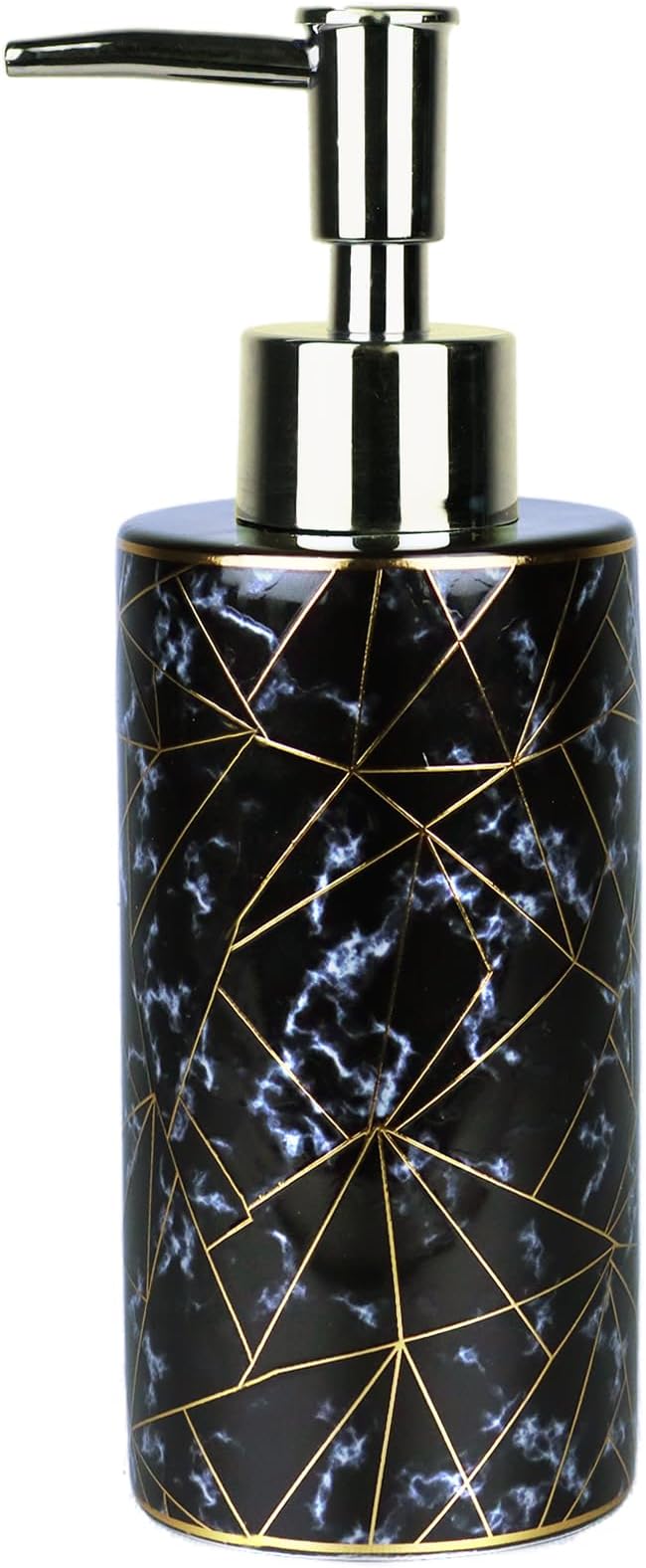 Ceramic Soap Dispenser for Bathroom & Kitchen, Marble Pattern & Gold Thread Decoration - Refillable Liquid Soap Bottle for Hotel (10oz, Black)