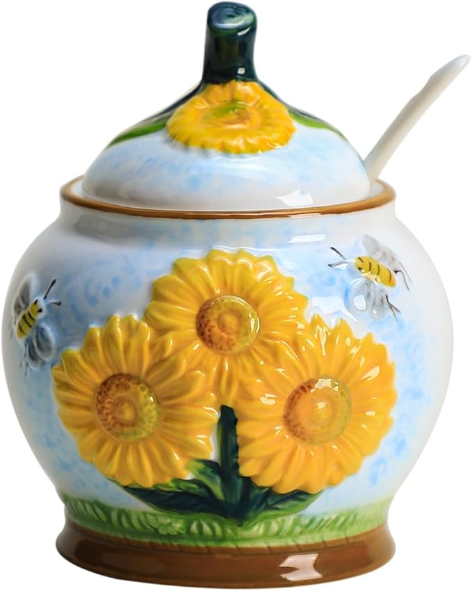 123Arts Sugar Bowl Sunflower Jar Ceramic Hand Drawn Spice Jar Storage Jar Ornament
