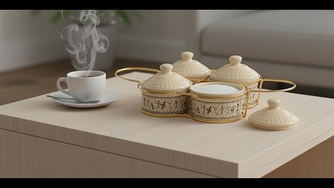 Set of 4 Ceramic Containers With Lid & Metal Rack - 5 Oz (150 ml) – Glazed Condiment Holders For Kitchen Counter, Food Storage Jars for Pickle, Dry Fruits, Sauces, Chutneys, Spices, Home Dining Decor