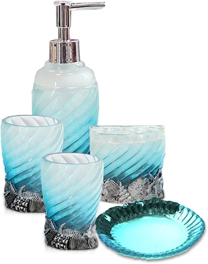Set, 5 PCS Bath Ensemble Set Includes Soap Dispenser, Soap Dish, Tumbler, Toothbrush Holder - Polyresin Glass for Home, Office, Superior Hotel