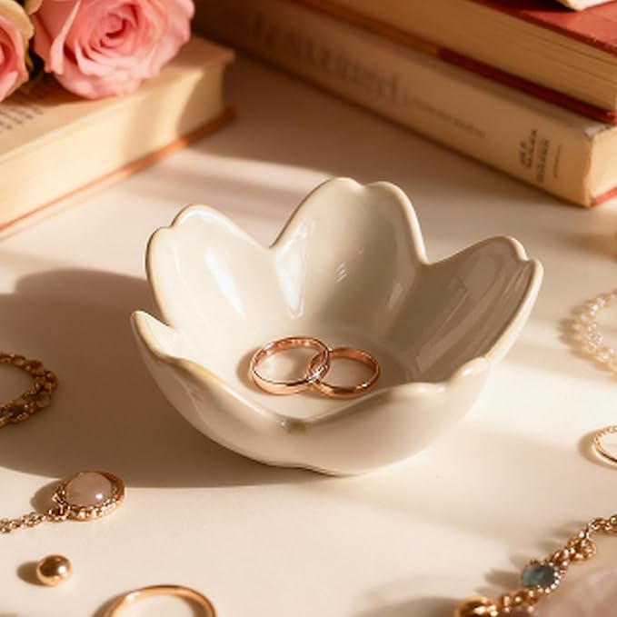 Pearl White Flower Jewelry Dish Ceramic Ring Holder Tray for Vanity, Small Ring Dish Trinket Bowl Aesthetic Nightstand/Bathroom Decor, Women's Gift for Christmas, Birthday, Mother's Day, Anniversary