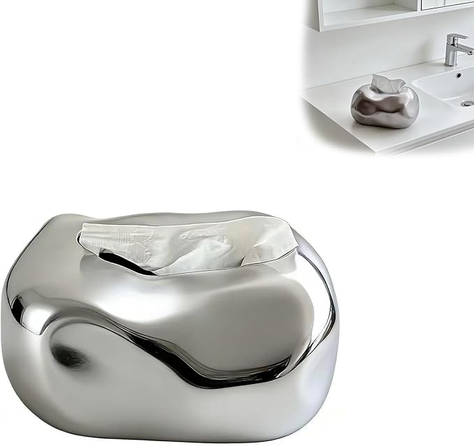 Decorative Ceramic Tissue Box Cover Modern Sculptural Design Creative Tissue Holder Smooth Finish for Home Office Bathroom (Silver)