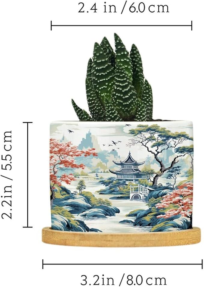 DreamAutumn Chinoiserie White Blue Asian Ceramic Pots for Plants with Drainage Holes Round Flower Pot Bamboo Tray Orchid Pot Succulents Pots for Outdoor Indoor Plants,Housewarming Gifts