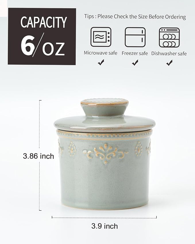 XELA Ceramic Butter Dish - French Butter Crock With Water Line - Keeps Your Butter Fresh and Spreadable - Vintage Turquoise