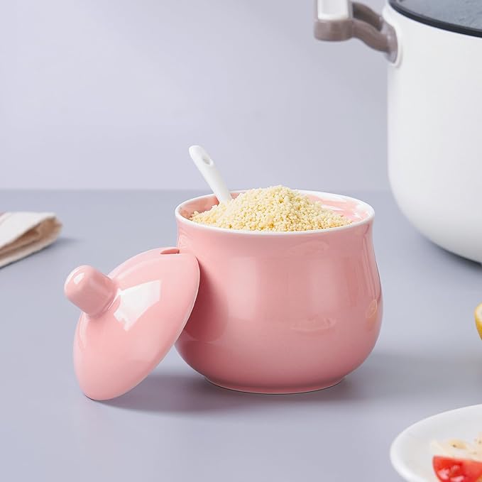 Ceramic Sugar Bowl with Lid and Spoon, Pink Porcelain Sugar Salt Pepper Storage Jar, 12 Ounces