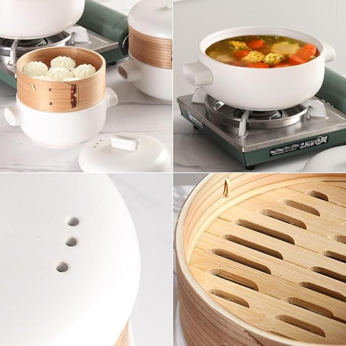 Steamer for Cooking Japanese Ceramic Hot Pot, Earthenware Clay Pot Casserole Steamer Cookware Stew Pot Stockpot with Lid & Steamer Basket for Healthy Cooking, Even Heating,Black,2.5L