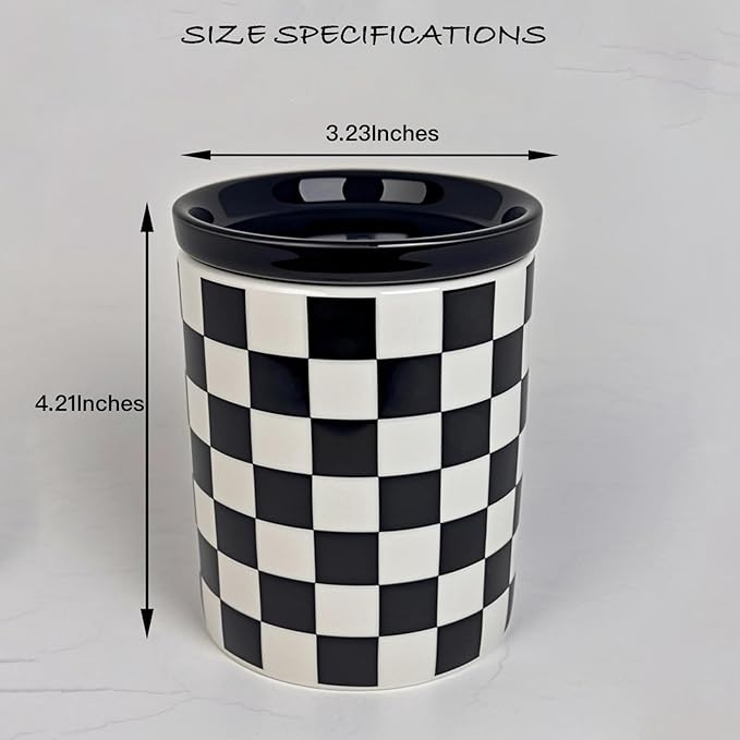 Q tip Holder, Qtip Dispenser with Lid, Cotton Swab Ball Holder Container for Bathroom, Q-tip Canisters/Apothecary Jar for Countertop Organizer, Modern Checkered Bathrooms Decor,Black and White Ceramic