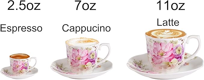 GuangYang 7 oz Porcelain Tea Cups and Saucers Set of 6, Pink Floral Design – Elegant Gift Set for Tea Lovers, Coffee, Cappuccino, Mocha, Weddings, Housewarming & Holidays