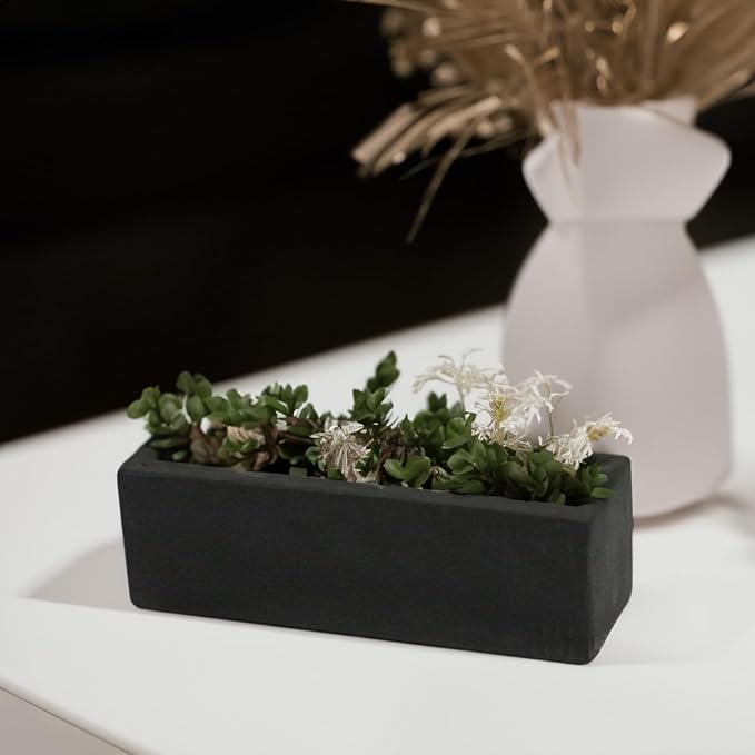 WGVI Long Rectangle Ceramic Planter Vase in Black 12" x 4" x 4"H, Block Rectangular Terrarium Box Pot, Flower Arrangement, Table top Centerpiece, Home Decor Organization Storage Container, 6 Pcs.