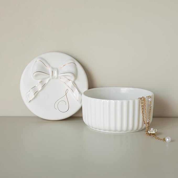 COLLECTIVE HOME Monogram Initial Jewelry Box with Bow - Elegant Ring Holder & Earring Dish | Christmas Gift Idea for Women, Unique Birthday Present for Her (S)