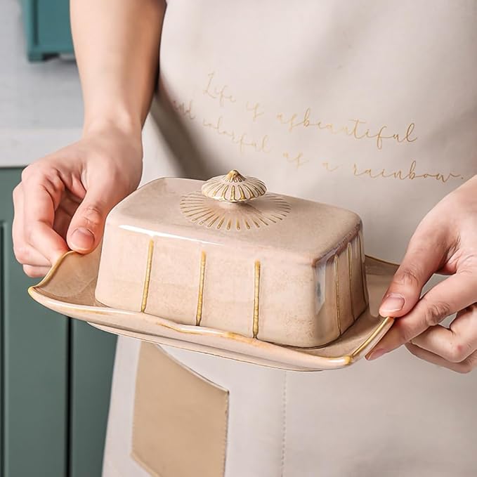 WAIT FLY Vintage Ceramic Butter Dish with Lid for Kitchen Countertop, Home Decorative-Khaki-1 PCS