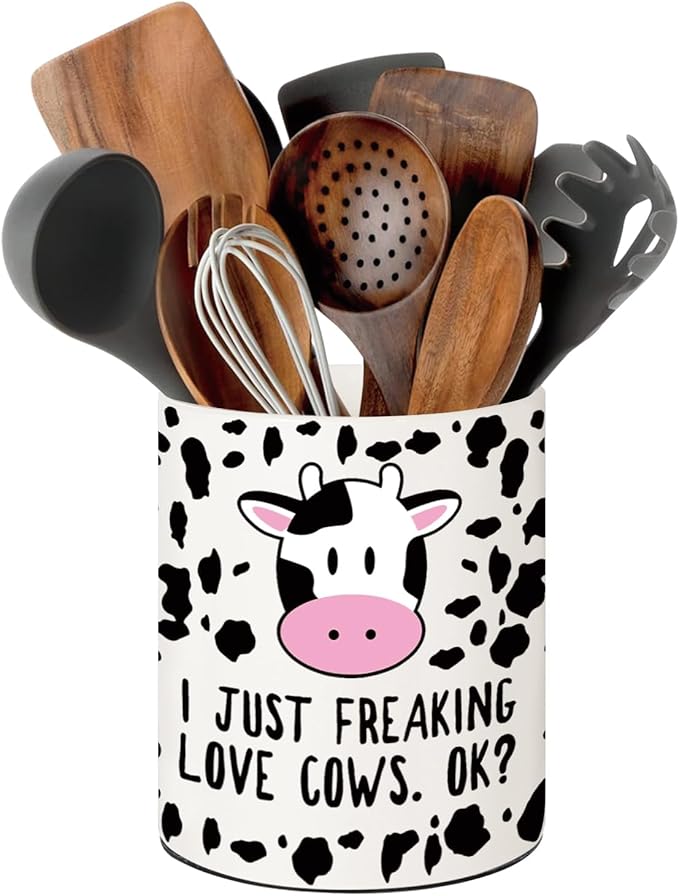 Cow Kitchen Decor, 6.5inch Ceramic Utensil Holder with Cow Design, Rustic-Style Indoor Kitchen Utensil Storage Rack, Ideal for Spoon Storage and Cooking Tools, Gift for Kitchen Organizers