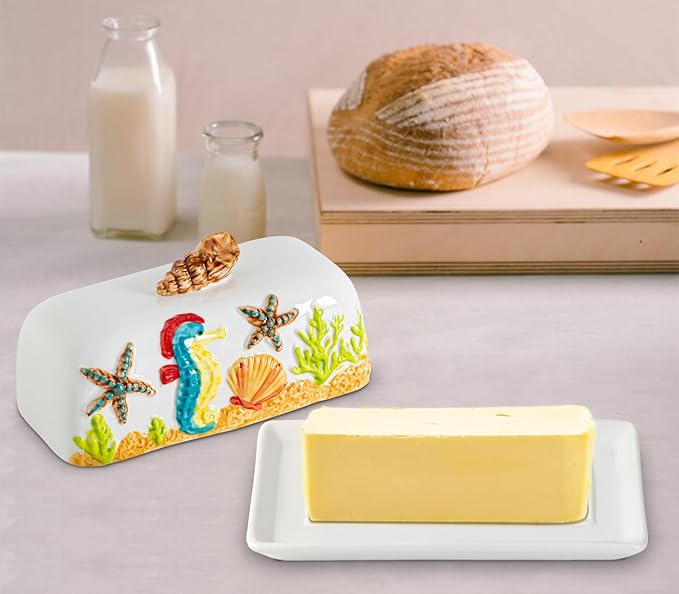 Ocean Theme Butter Dish With Lid For Countertop With Conch Scallop Starfish Seahorse Coral Decoration Funny Butter Container Cute Butter Dish Ceramic Mantequillera Butter Holder Tropical Beach Theme