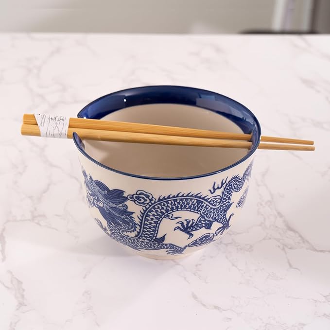 Urban Tokyo Handpainted Ceramic Glazed Japanese Ramen Udon Noodle Rice Bowl With Chopsticks 20 fl oz 5 inch Diameter Bowl Sets Color Box Packaging (Oriental Dragon Blue)