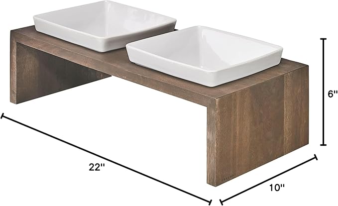 Bowsers Artisan Diner Double Dog Feeder - Handcrafted Rubberwood Frame with Square Ceramic Bowls Feeder for Dogs - Walnut, Medium, 22" x 10" x 6"