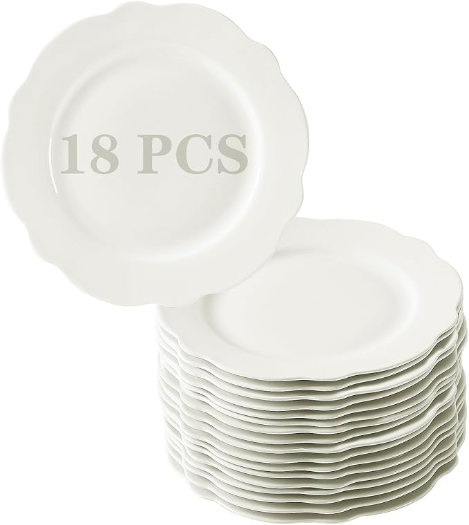 TAMAYKIM 6 Inch Porcelain Dessert Plates, Set of 18, White Lotus Shape Stackable Appetizer Plates, Scratch Resistant Small Plates for Restaurant & Home, Microwave, Oven & Dishwasher Safe
