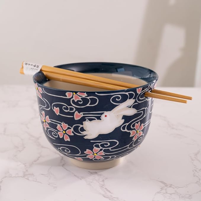 Urban Tokyo Handpainted Ceramic Glazed Japanese Ramen Udon Noodle Rice Bowl With Chopsticks 20 fl oz 5 inch Diameter Bowl Sets Color Box Packaging (Cherry Blossoms Rabbit)