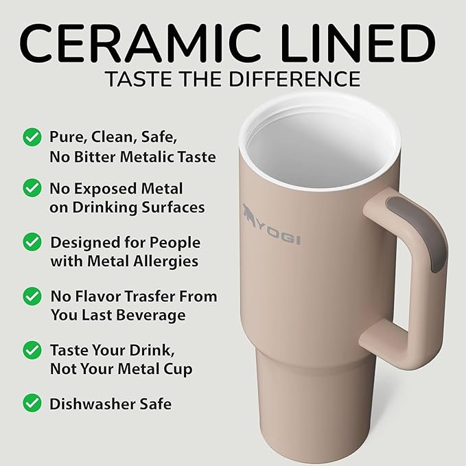 YOGI Ceramic Lined Metal Allergy Safe 30oz Tumbler with Handle and Straw Leakproof Flip & Sip Lid Vacuum Insulated Stainless Steel Travel Cup for Iced Coffee Water and All-Day Hydration 30oz Driftwood