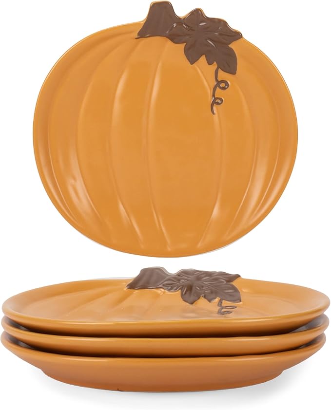 Nat & Jules Pumpkin Shaped 8 x 8 Inch Ceramic Small Dining Plates: Perfect for Thanksgiving, Halloween and Indoor Fall Table Décor & Service - Set of 4, Orange
