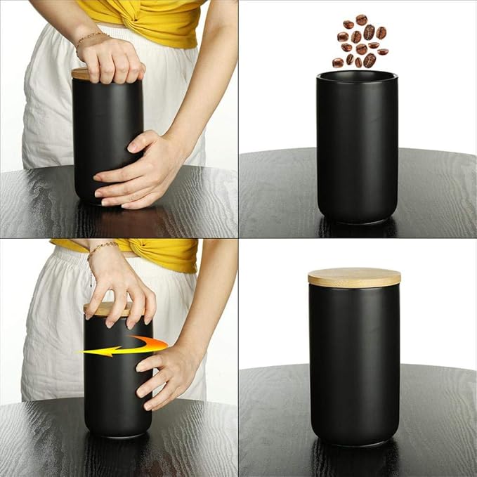 Ceramic Food Storage Jar Canister Modern Design Food Canisters with Airtight Seal Bamboo Lid, Loose Tea Coffee Spice Nuts Snacks Storage Jar Canister (Black 7.03oz/200ml)