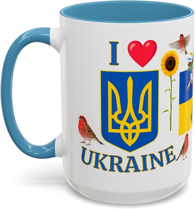 I Love Ukraine 15 oz Coffee Mug - Gift - Christmas Birthdays Gift; Tea Cup (Light Blue Handle)