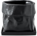 Nihow Ceramic Plant Pot: 8 Inch Planter with Drainage Hole & Square Saucer for Herbs/Plants, Bag Shape Design Flower Pot for Indoor & Outdoor Garden Decor - Black