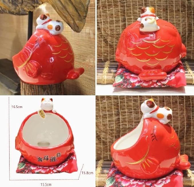 EatingBiting 6.5" Japanese Ceramics Maneki Neko Cat Fish Big Mouth Ornament Collectible Figurine Big Mouth Fish carp Storage Box Decoration Ornamental Art Sculpture Home Decor Decorative Beckoning